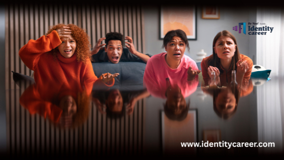 Four casually dressed young adults sit on a couch, visibly moved and emotionally engaged by something off-screen. Their expressions reflect surprise and intensity, symbolizing the power of personal stories and moments of clarity. A soft reflection beneath them adds depth, while the backdrop features striped paneling and framed art. The top corner reads “Be Your True… Identity Career.