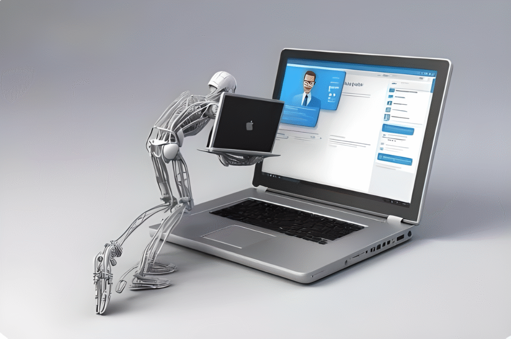 - Futuristic robotic figure interacting with a laptop login interface, symbolizing digital identity, career readiness, and AI-powered personal development.