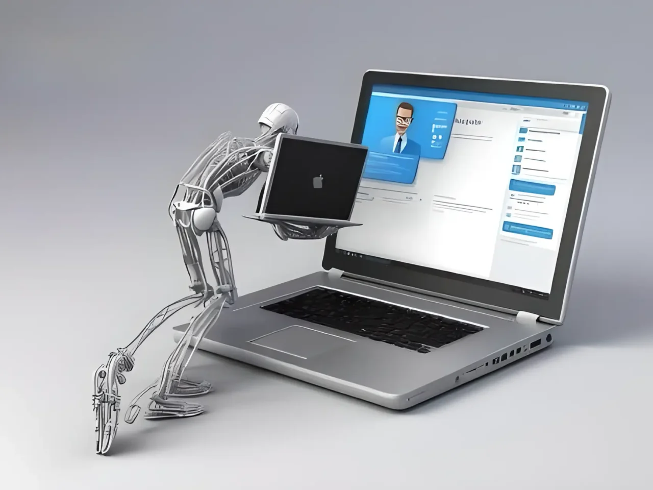 - Futuristic robotic figure interacting with a laptop login interface, symbolizing digital identity, career readiness, and AI-powered personal development.
