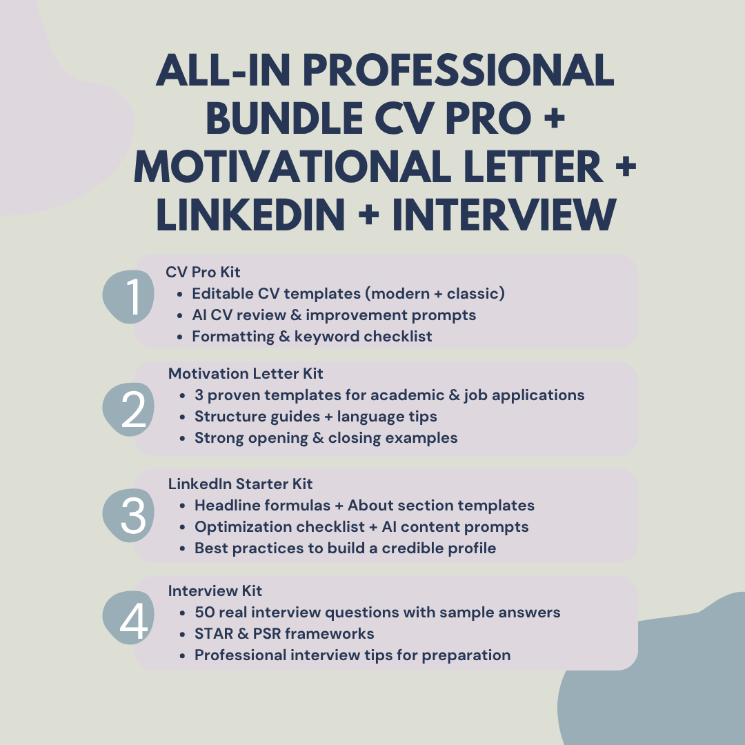 Promotional image for a career bundle including CV templates, motivation letter guides, LinkedIn optimization tools, and interview prep resources—organized into four numbered kits with pastel abstract design.