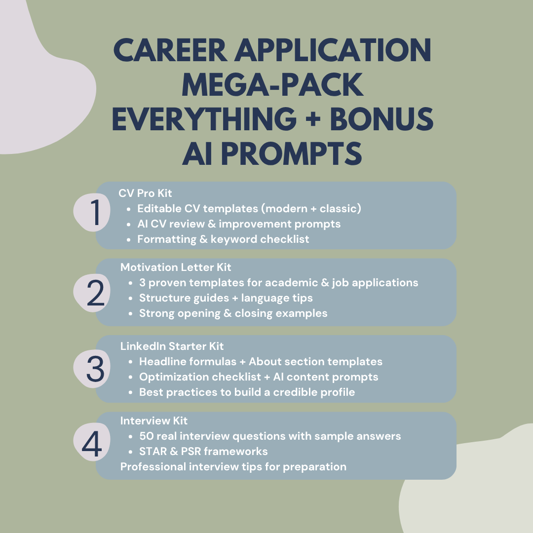 Graphic showcasing a comprehensive career application toolkit with CV, motivation letter, LinkedIn, and interview kits—plus bonus AI writing prompts. Features a clean layout with blue background and abstract shapes.