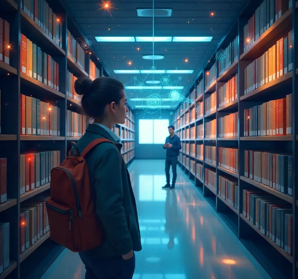 Futuristic library with digital overlays and two individuals exploring shelves, representing career exploration and informed personal development.