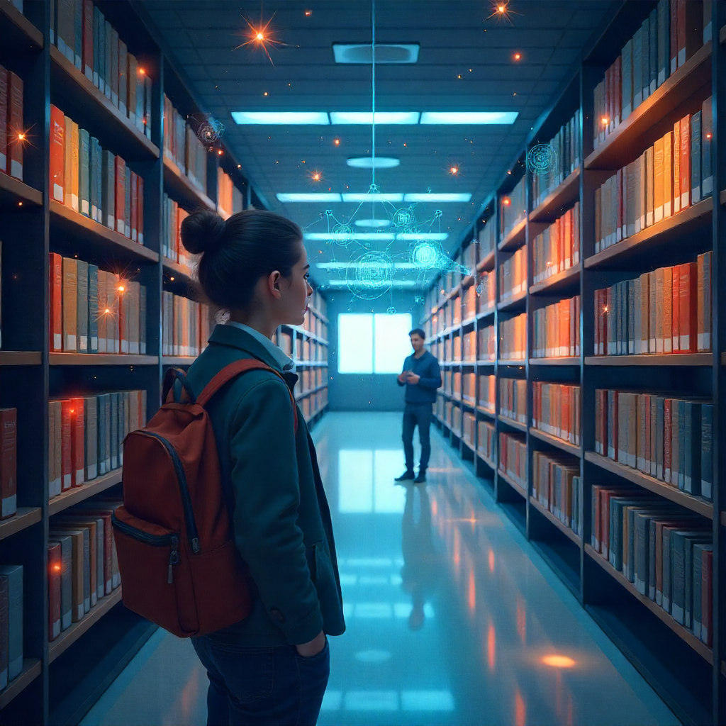 Futuristic library with digital overlays and two individuals exploring shelves, representing career exploration and informed personal development.