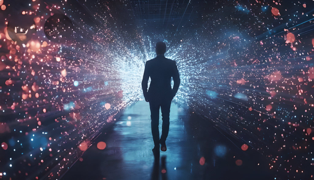 Silhouetted figure walking through a glowing digital tunnel, symbolizing personal growth, inner strength, and forward momentum.