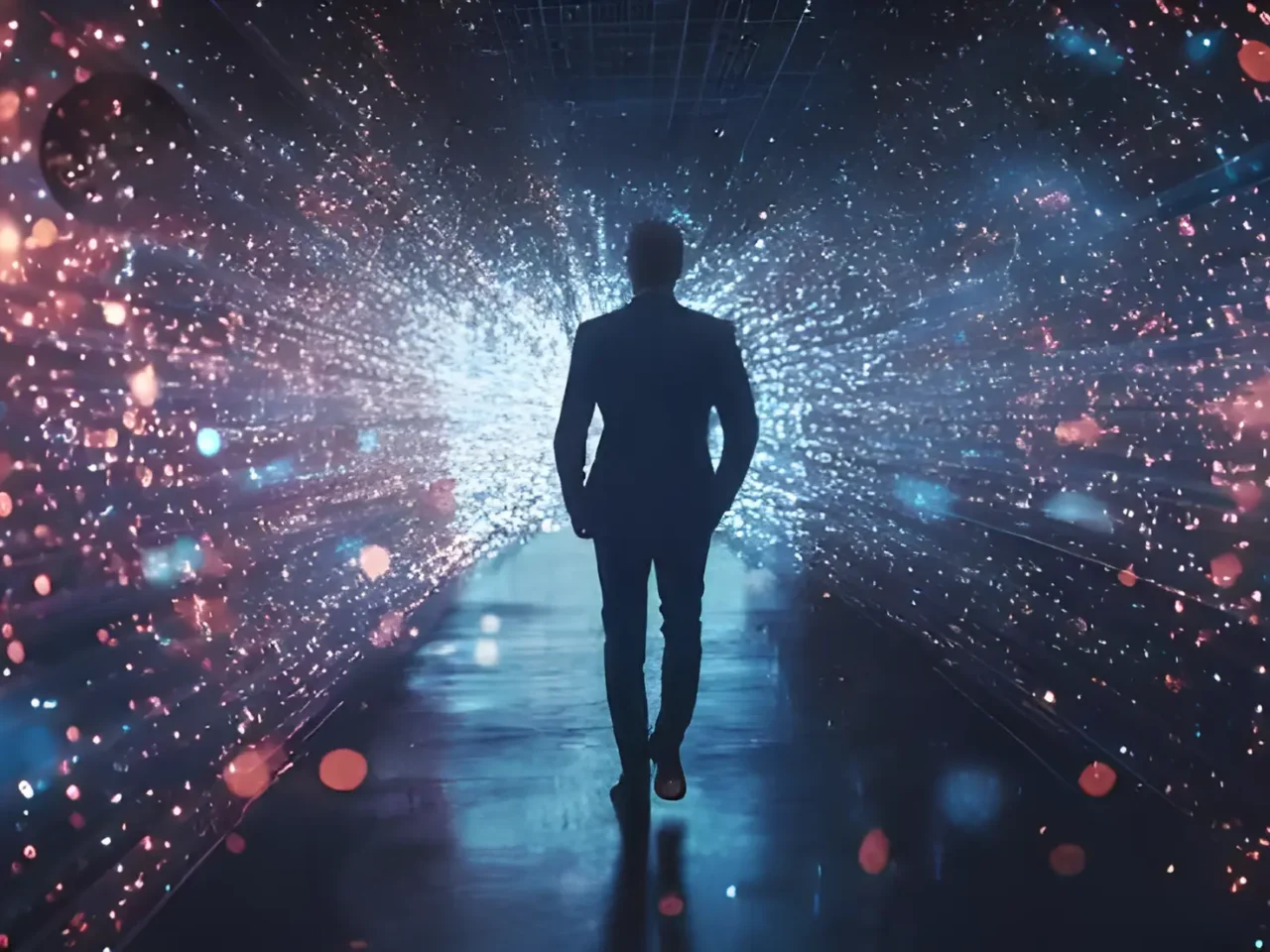 Silhouetted figure walking through a glowing digital tunnel, symbolizing personal growth, inner strength, and forward momentum.