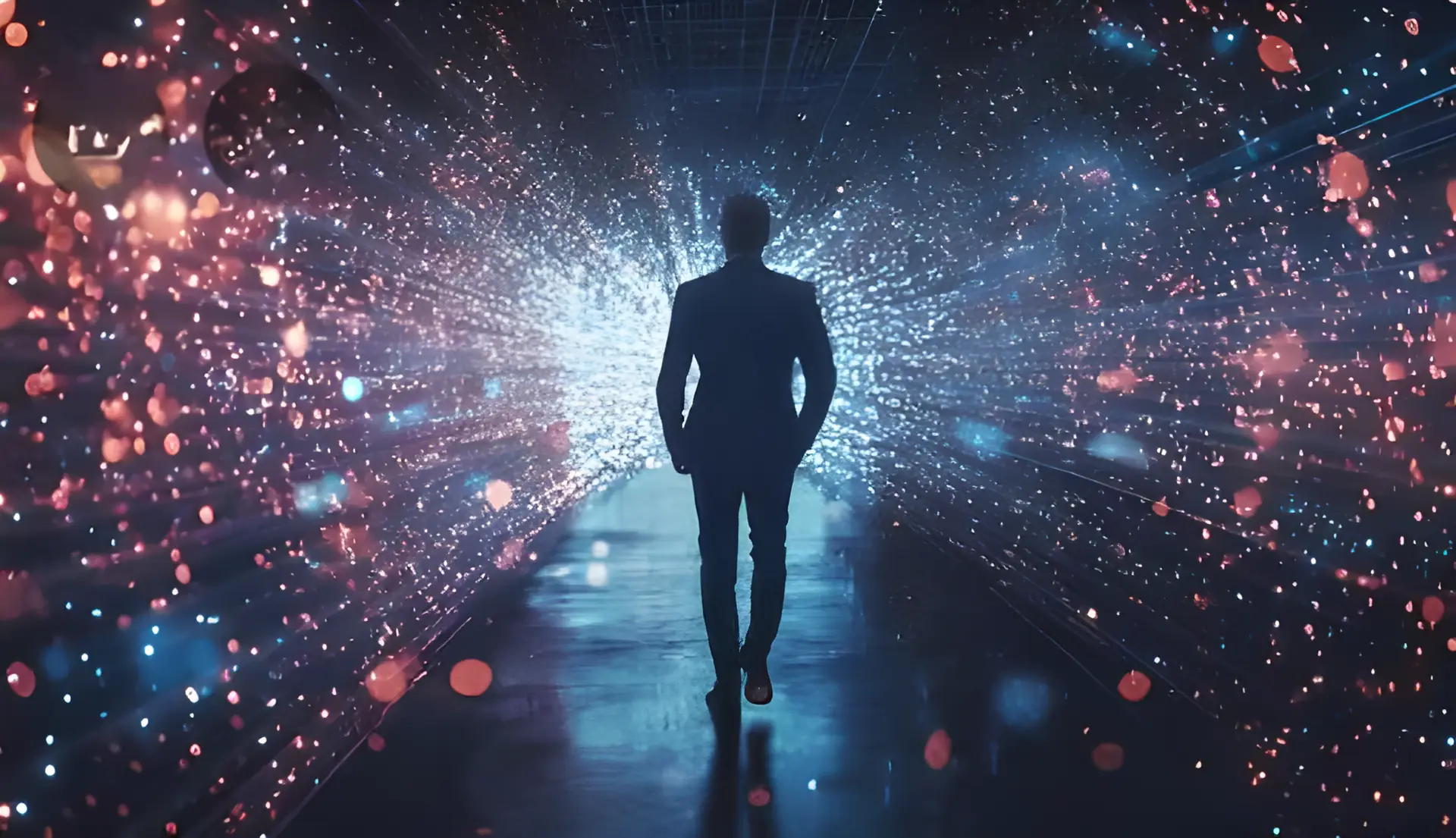 Silhouetted figure walking through a glowing digital tunnel, symbolizing personal growth, inner strength, and forward momentum.