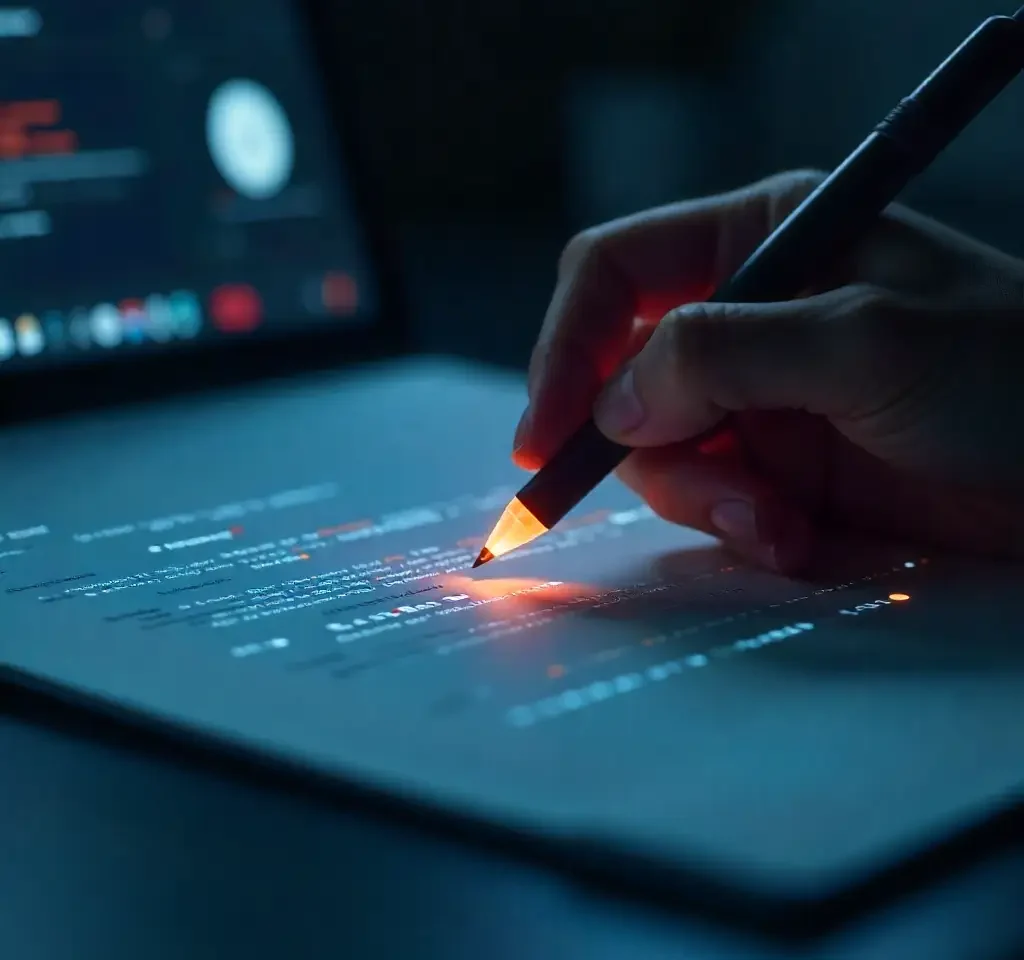 Hand holding a glowing stylus over digital code, symbolizing intentional self-expression and the power of words in a high-tech world.