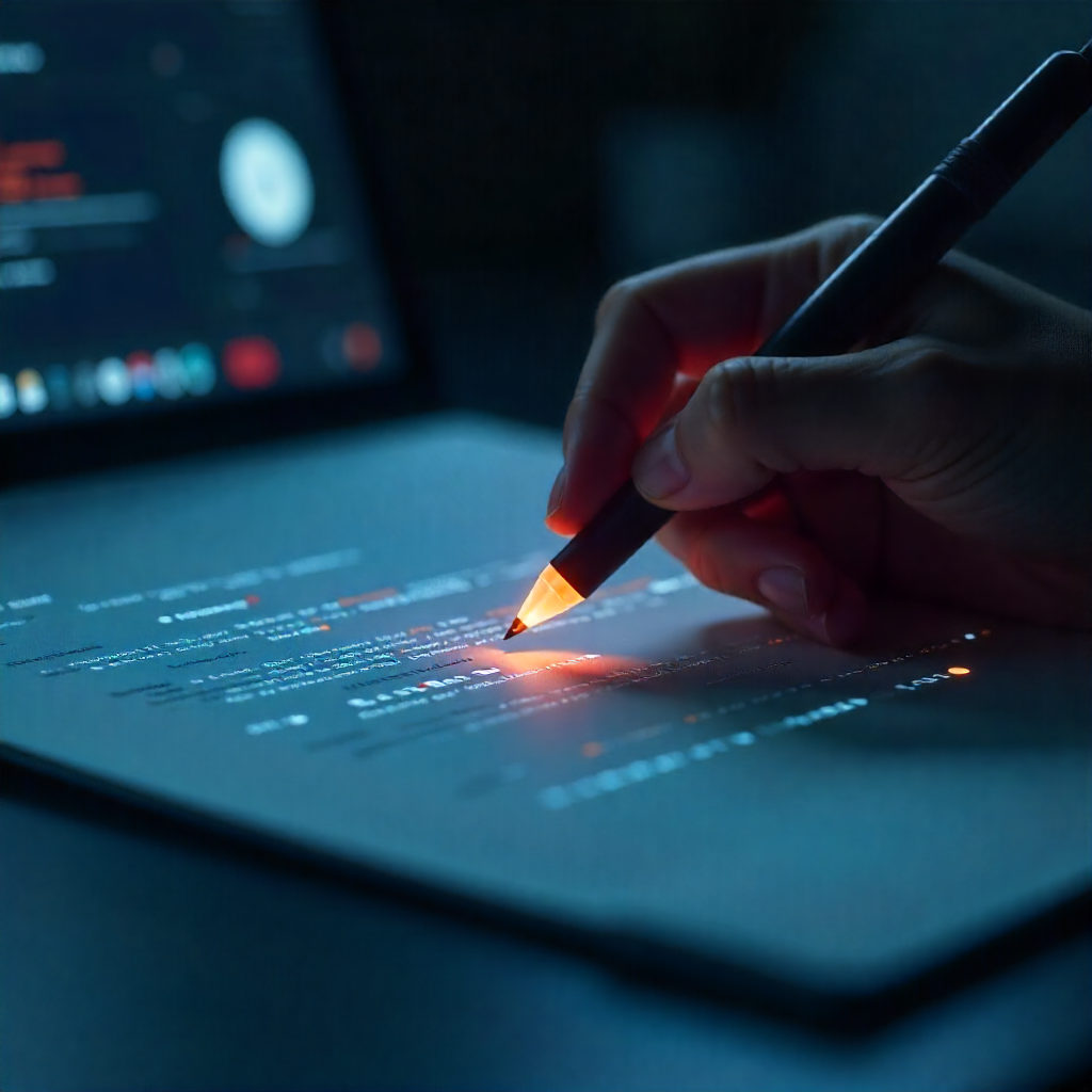 Hand holding a glowing stylus over digital code, symbolizing intentional self-expression and the power of words in a high-tech world.