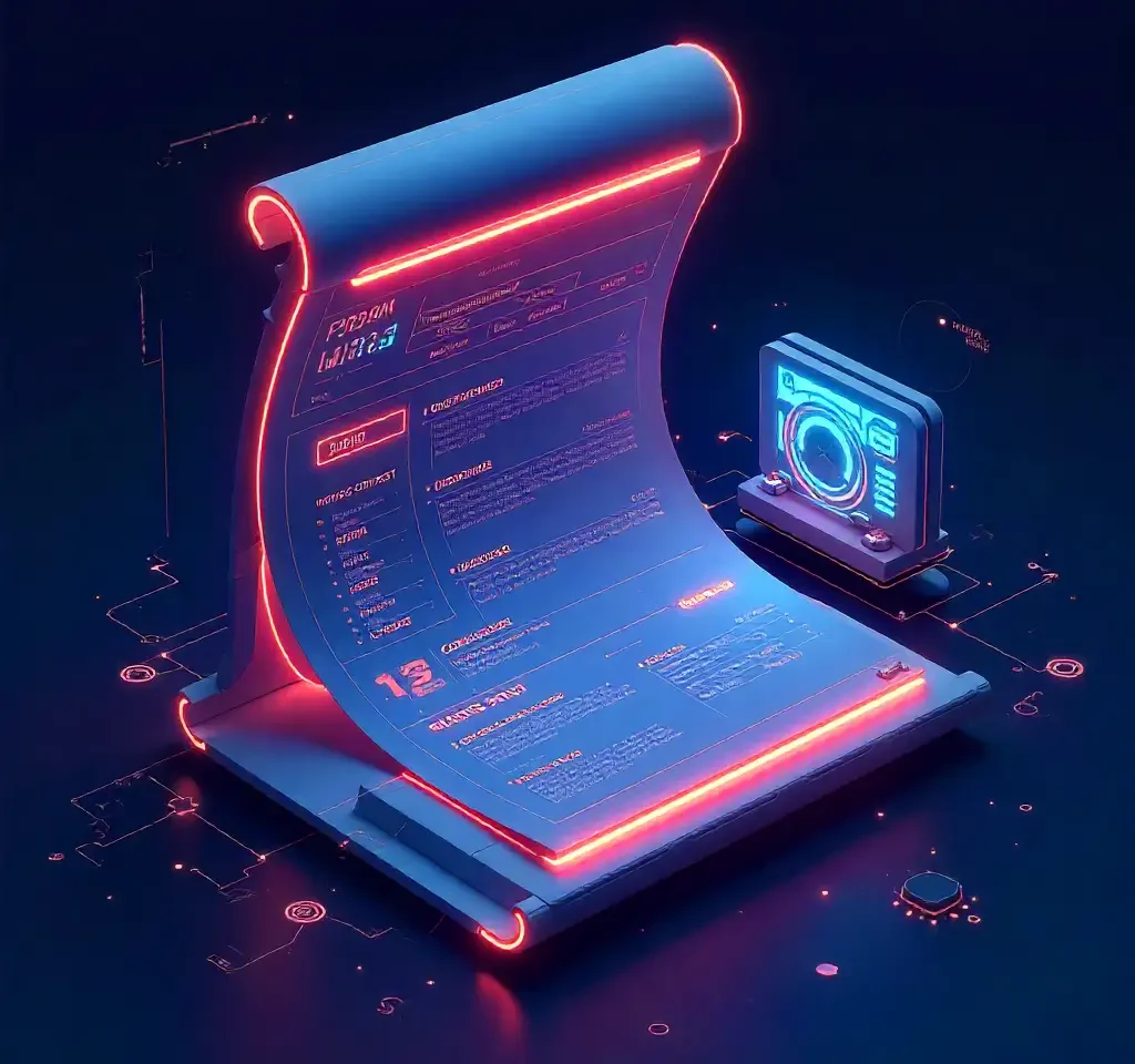 Futuristic glowing scroll interface with neon lights, symbolizing digital identity and resume building for youth.