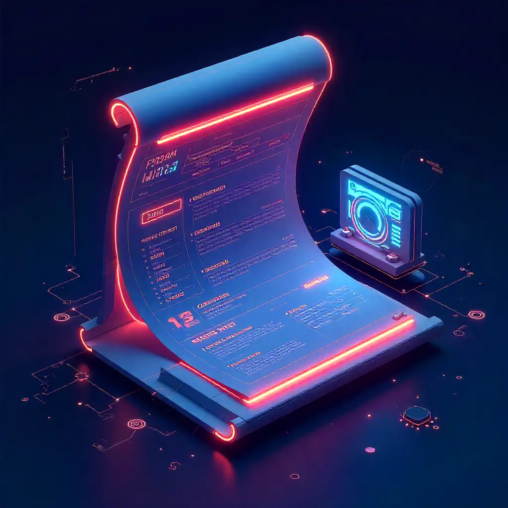 Futuristic glowing scroll interface with neon lights, symbolizing digital identity and resume building for youth.