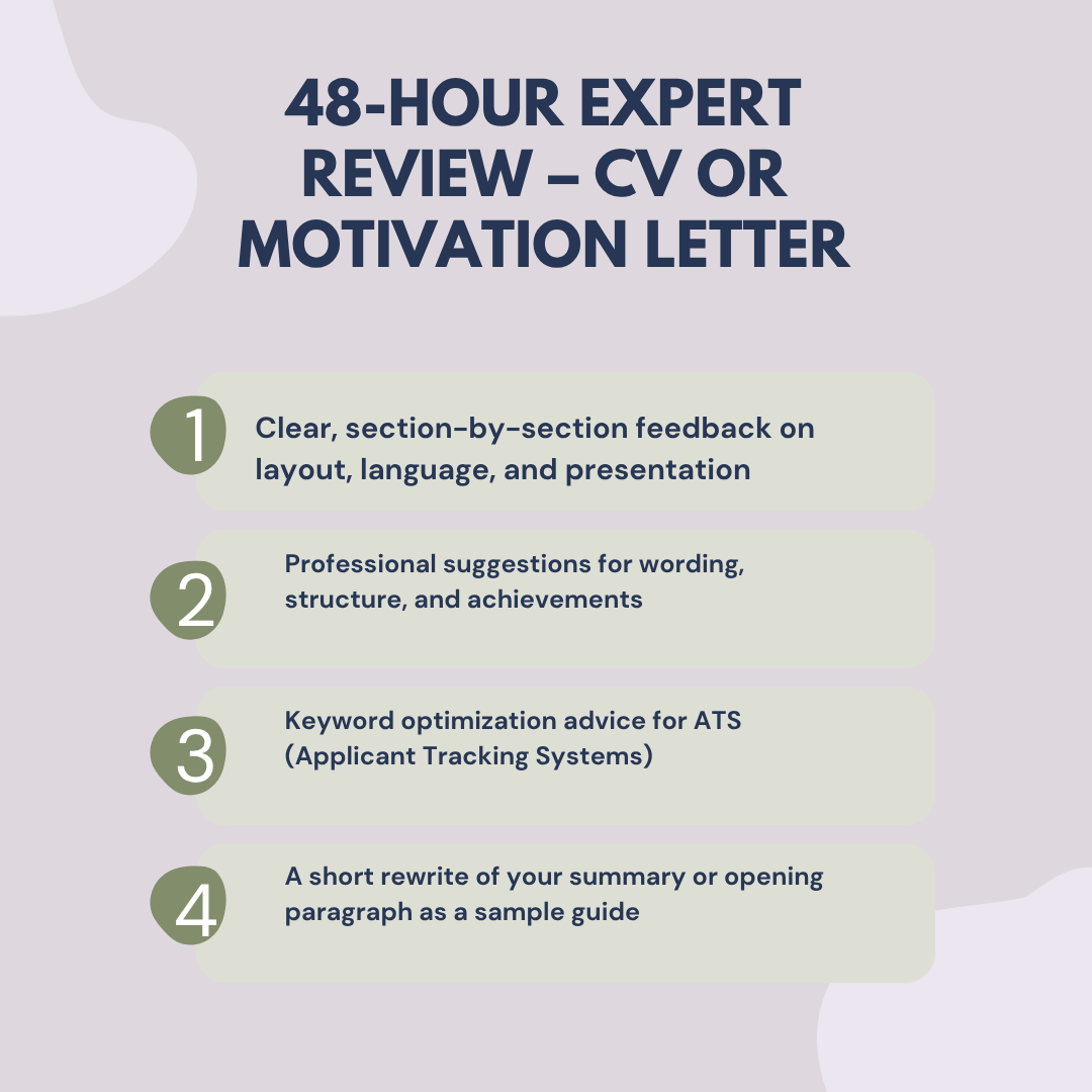 Promotional graphic for a 48-hour expert review service for CVs or motivation letters, featuring four key benefits including layout feedback, wording suggestions, ATS optimization, and a sample rewrite.