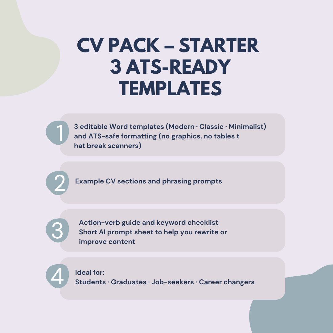 CV Pack – Starter: 3 ATS-Ready Templates + Writing Prompts
