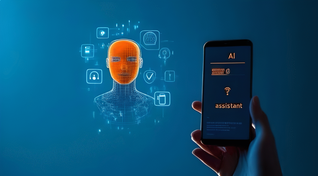 Digital illustration of an AI interface with a wireframe head and smartphone, representing intelligent job matching and mobile career exploration.