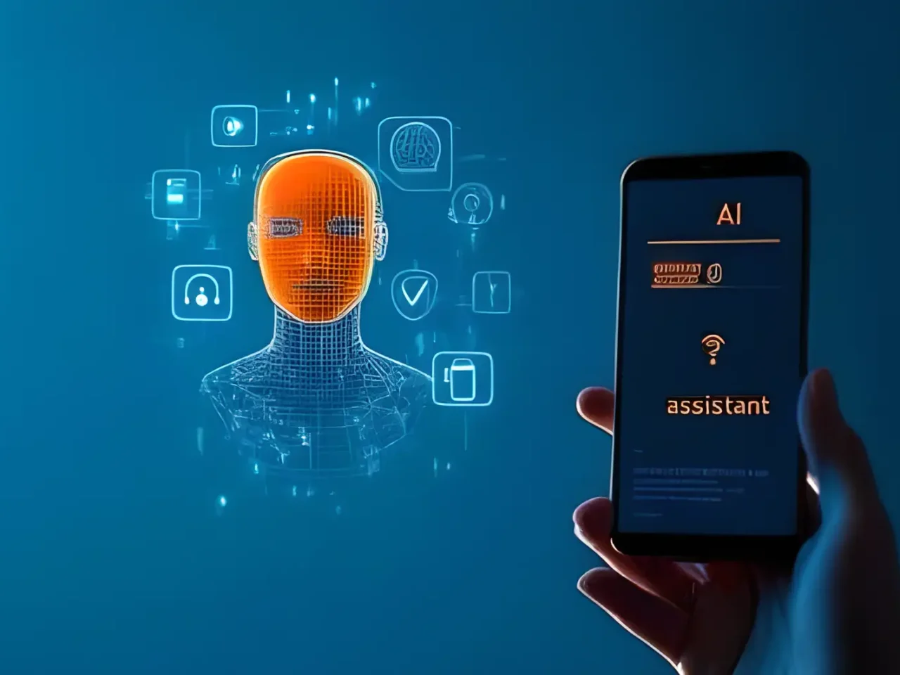 Digital illustration of an AI interface with a wireframe head and smartphone, representing intelligent job matching and mobile career exploration.