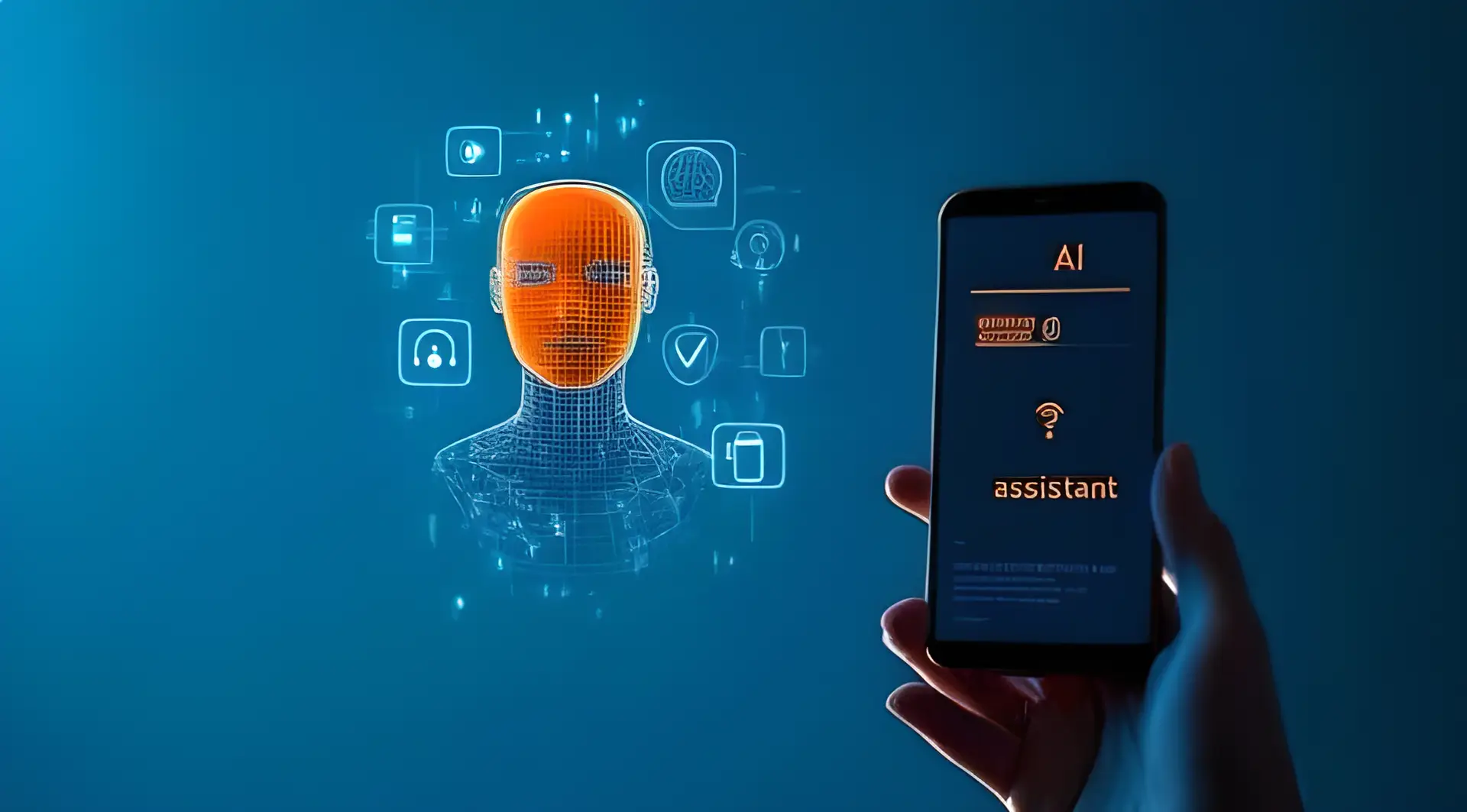 Digital illustration of an AI interface with a wireframe head and smartphone, representing intelligent job matching and mobile career exploration.
