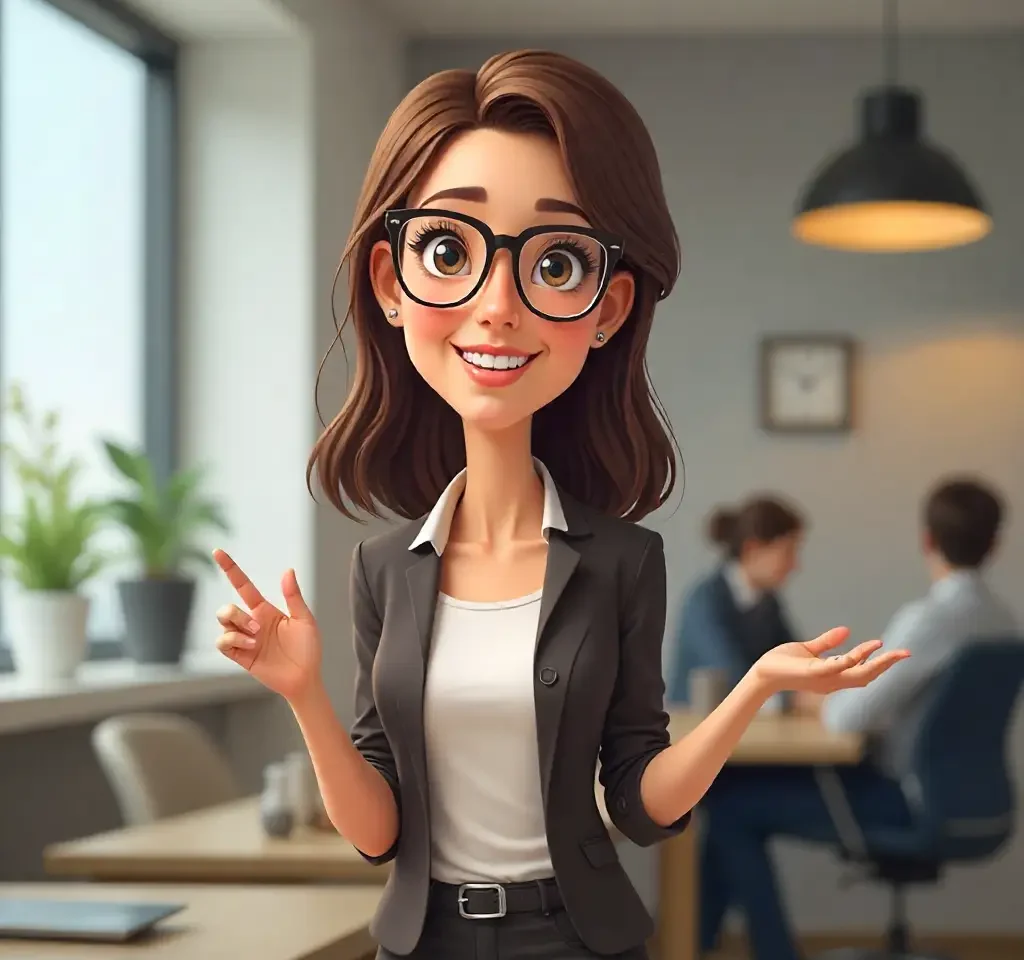 Woman presenting in a modern office with colleagues in the background, representing interview preparation, communication skills, and professional confidence