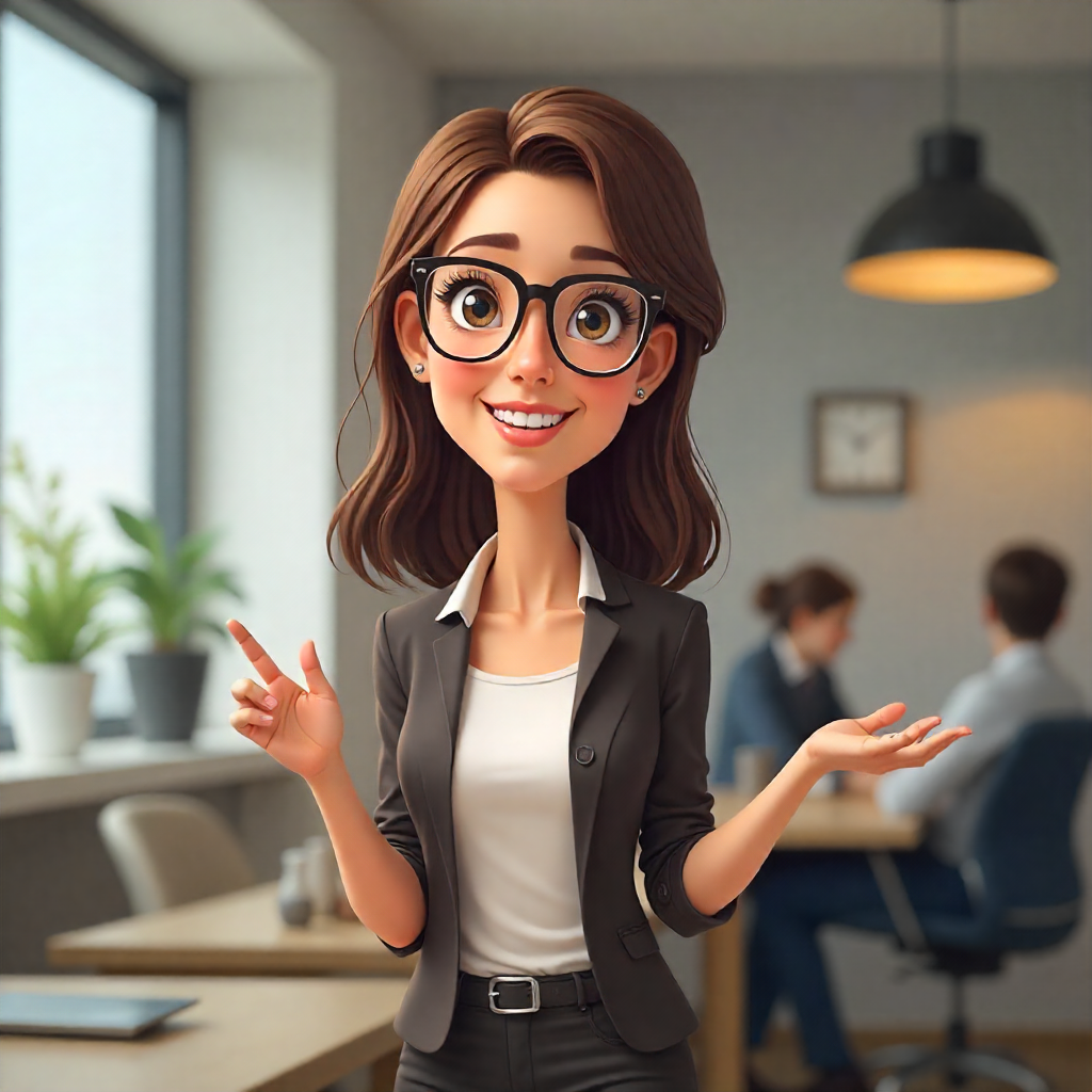 Woman presenting in a modern office with colleagues in the background, representing interview preparation, communication skills, and professional confidence