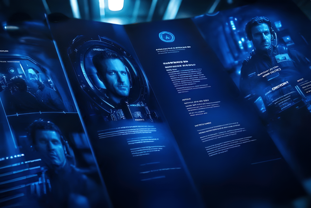 Futuristic digital interface displaying a professional profile with biometric and mission data, representing personal branding and identity development.