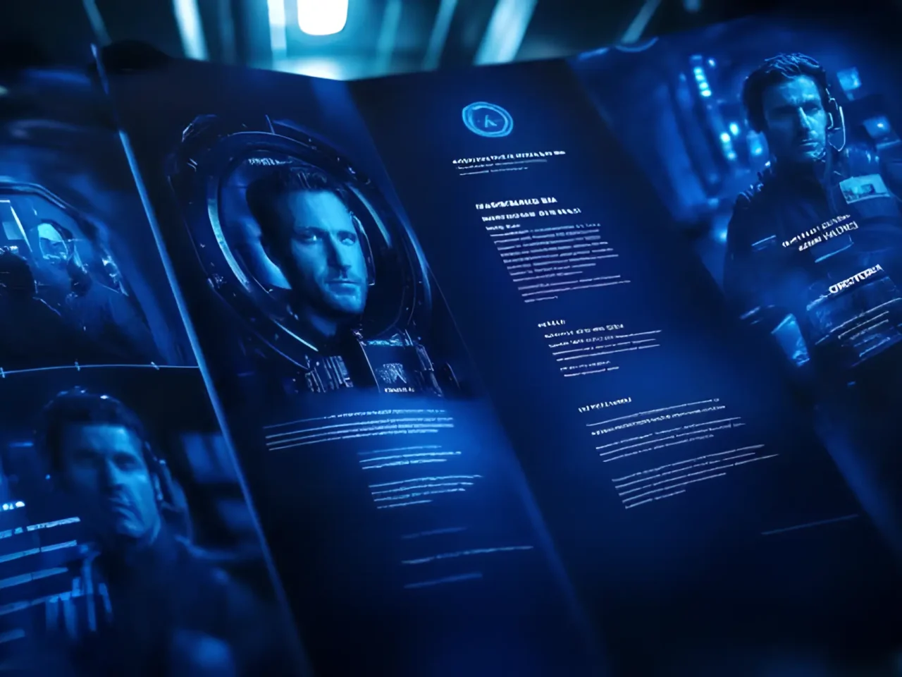 Futuristic digital interface displaying a professional profile with biometric and mission data, representing personal branding and identity development.