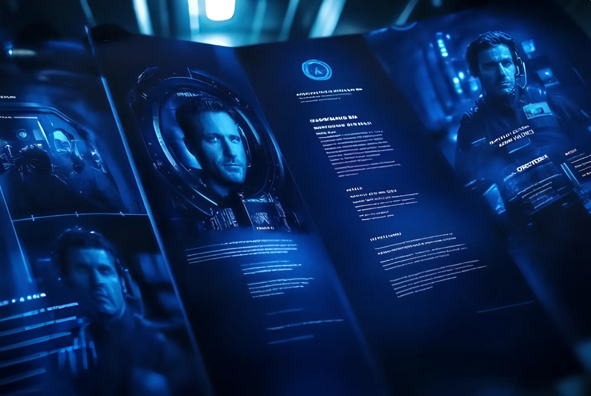 Futuristic digital interface displaying a professional profile with biometric and mission data, representing personal branding and identity development.