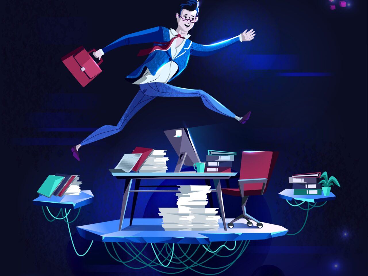Illustration of a professional leaping over a futuristic AI-powered desk, symbolizing how artificial intelligence accelerates modern recruitment and career growth.