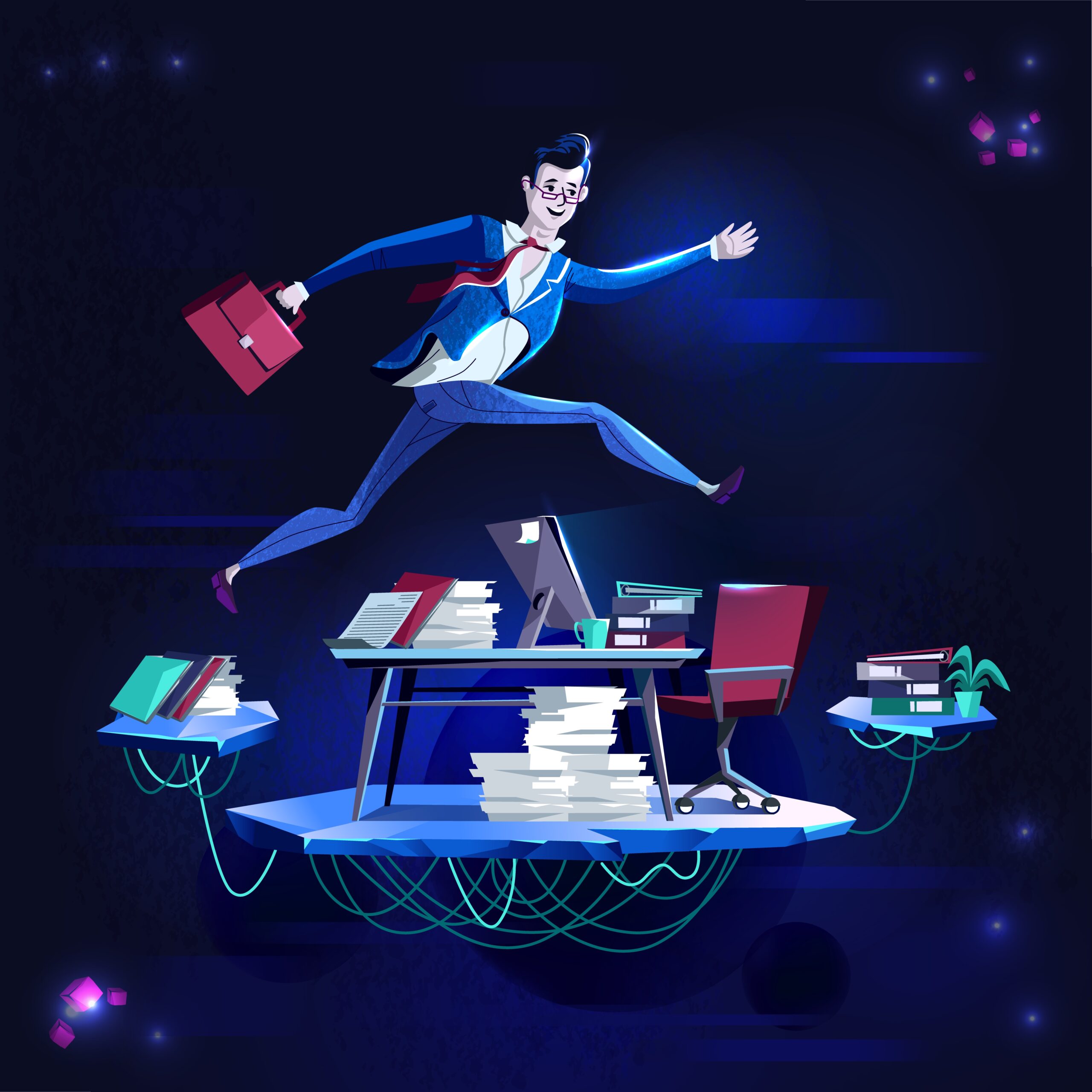 Illustration of a professional leaping over a futuristic AI-powered desk, symbolizing how artificial intelligence accelerates modern recruitment and career growth.