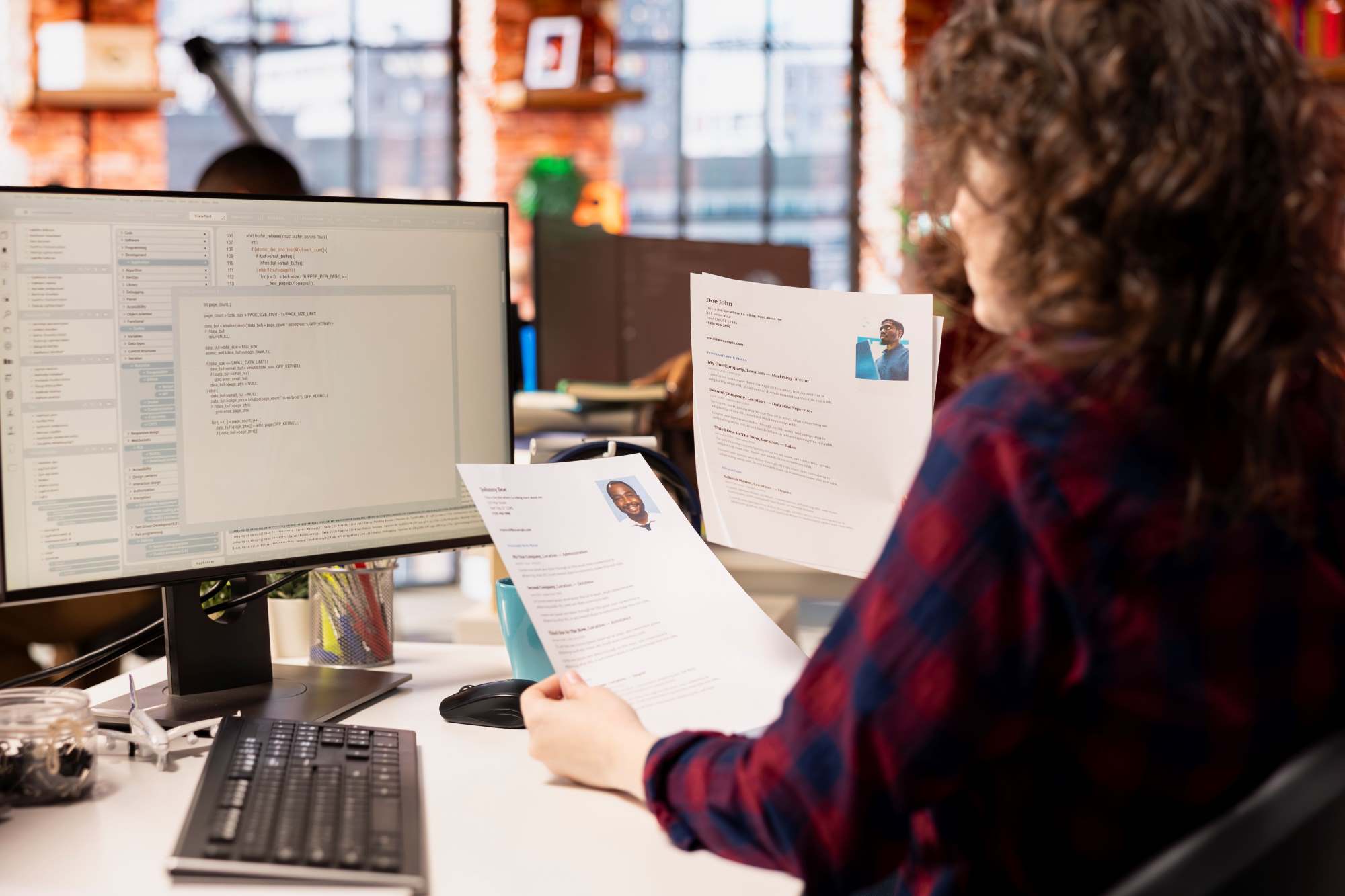 Recruiter reviewing printed resumes at a desk while comparing candidate profiles on a computer screen.